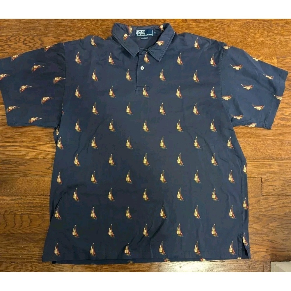Vtg POLO Ralph Lauren Polo Shirt Mens Large Navy Sailboat All Over Print XL‎